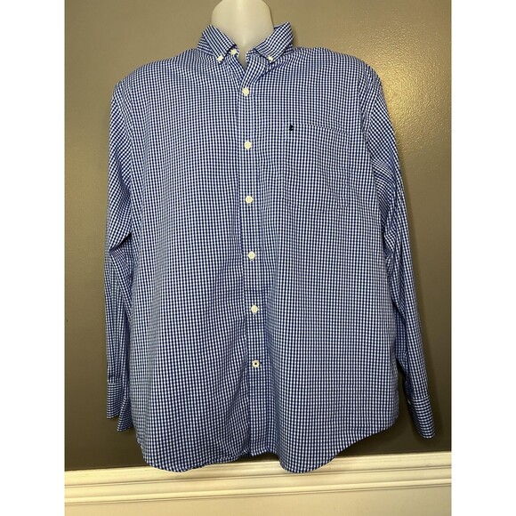 IZOD Shirt Mens Large Blue Gingham Button Down Non-Iron Stretch Long Sleeve - Picture 1 of 8
